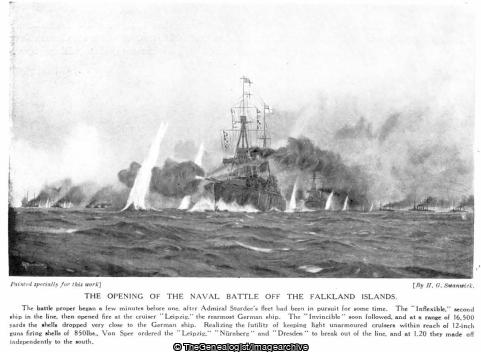 The opening of the naval battle off the Falkland Islands (Dresden, Falkland Islands, Inflexible, Invincible, Leipzig, Nurnberg, WW1)