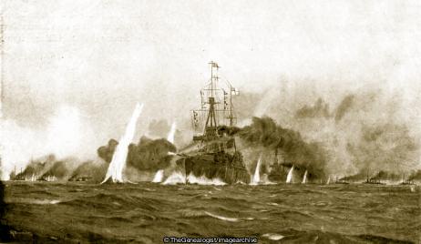 The opening of the naval battle off the Falkland Islands (Dresden, Falkland Islands, Inflexible, Invincible, Leipzig, Nurnberg, WW1)