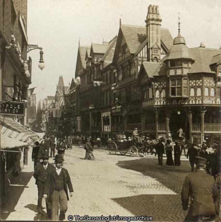 The Rows Eastgate Street Chester (boater, Cheshire, Chester, Derby hat, Eastgate Street, Horse and Carriage, Maypole Dairy, The Rows)