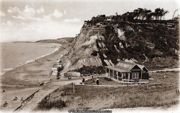 The Sands and Cliff Durley Chine Bournemouth 1920 (1920, Bathing Huts, Bathing Machine, Beach, Beach Hut, Bournemouth, Cafe, Cliff, Durley Chine, The Sands)