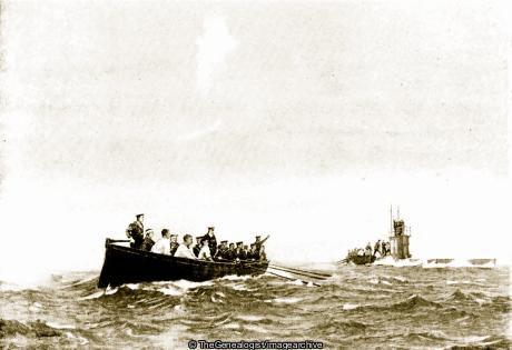 The submarine E4 takes off the 'Defenders' men from their boats and gives the Germans who remained their course for Heligoland (Battle of Heligoland Bight, Defender, E4, WW1)