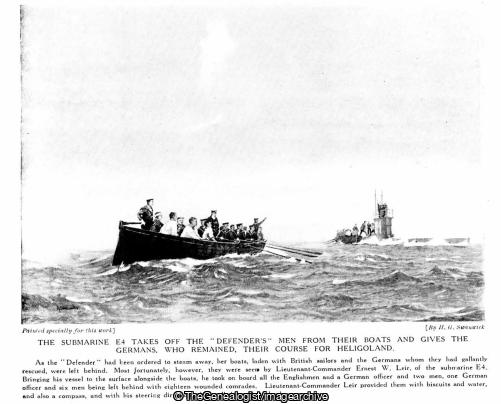 The submarine E4 takes off the 'Defenders' men from their boats and gives the Germans who remained their course for Heligoland (Battle of Heligoland Bight, Defender, E4, WW1)
