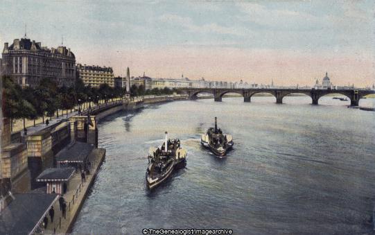Victoria Embankment and Waterloo Bridge 1907 (1907, Cleopatra's Needle, England
, London, Pier, Steam Boat, Thames, Victoria Embankment, Waterloo Bridge)