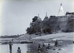 View of Area from river with bathers (bathing, Burma, C1890, Irrawaddy, Laundry, Myanmar, Pagoda, River, Sagaing Hill, Shwe Kyat Kya, Washing)