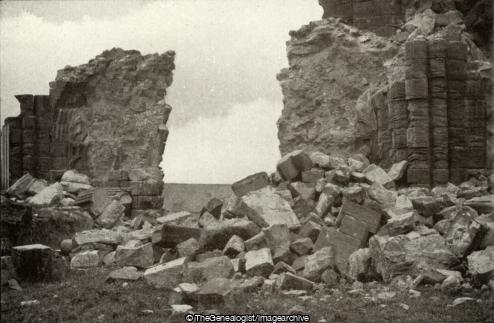 Whitby Abbey West Doorway serious fall of facing stones 10 days after bombardment P18 (16/12/1914, Durham, East Coast Raids, England, shelling, Whitby, Whitby Abbey, WW1)