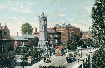 Wilts Salisbury Clock Tower and Infirmary 1922 (1922, Bridge, Clock Tower, England, horse and cart, Horse and Trap, infirmary, Salisbury, vehicle, Wiltshire)