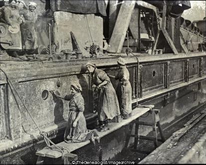 Women working on a ship in dry dock (C1910, Docks, Ship)