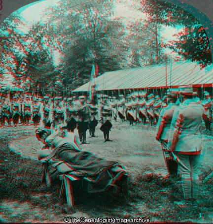 WWI - Decorating with Medallie Militaire Adjutant Dambrine, Severly Wounded at Ablain Saint Nazaire, France (3d, Ablain Saint Nazaire, Adjutant Dambrine, Colours, France, Medaille Militaire, Poilu, Present Arms, Salute, Stretcher, Wounded, WW1)
