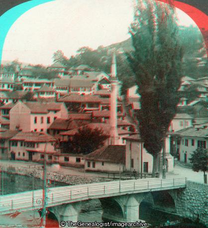 WWI - Sarajevo Jugoslavia scene of murder of Crown Prince (3d, Bosnia, Bridge, Franz Ferdinand, Gavrilo Princip, Minaret, Sarajevo , WW1, Yugoslavia)