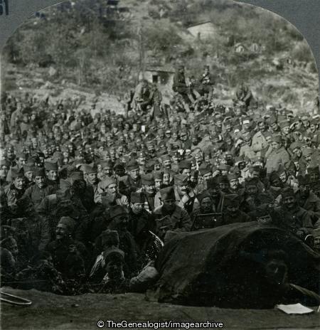 WWI - View from Stage of a Serbian Army Audience in an Outdoor Theater at the Front - Prompter in Foreground (3d, Balkans, Clarinet, French Horn, Serbia, Serbian Army, Theatre, WW1)