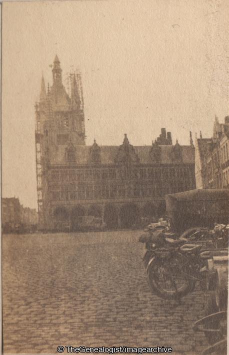 Ypres Cloth Hall Oct 1914 (1914, Belgium, Car, Cloth Hall, Lorry, Motorbike, Scaffolding, WW1, Ypres)